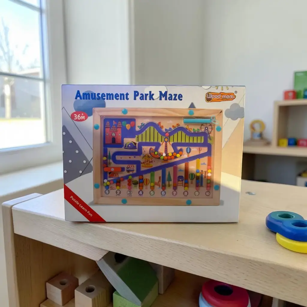 Amusement Park Games for Kids – Wooden Montessori Learning Toy with Magnetic Stylus, Counting & Colour Recognition, Fine Motor Skills, Focus & Problem Solving