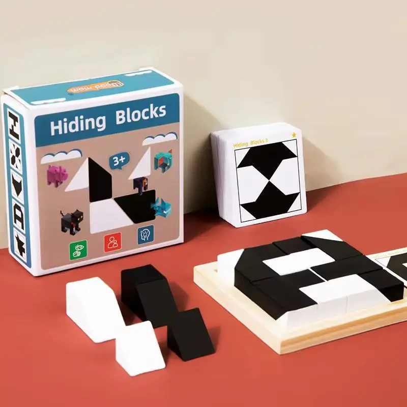  Hiding Blocks Puzzle Toy, Black and White Block Puzzle, with activity cards, encourages problem solving, pattern recognition