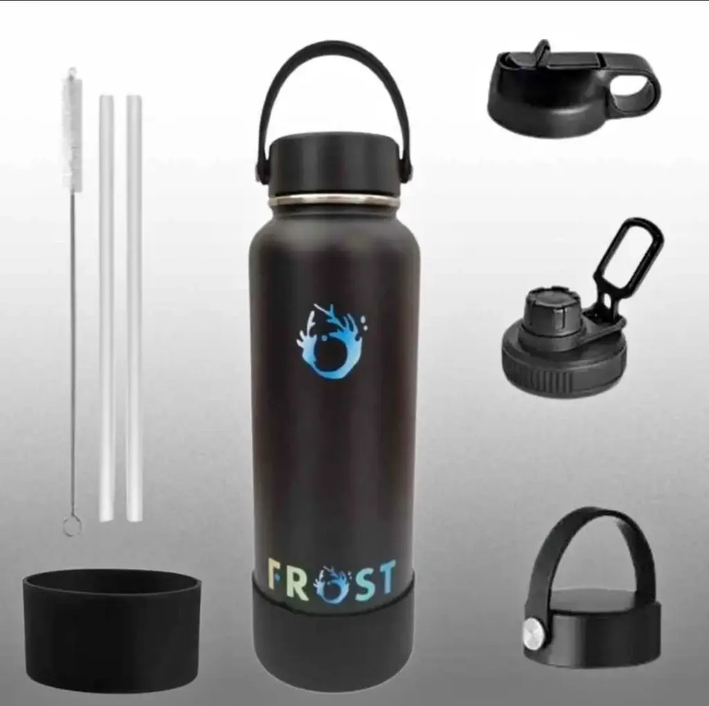 FROST Stainless Steel SUS304, Vacuum Insulated Sport Water Bottle with Silicon Boot, 3 lids and 2 straws with straw cleaning brush - 1200ml - Black