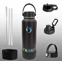 FROST Stainless Steel SUS304, Vacuum Insulated Sport Water Bottle with Silicon Boot, 3 lids and 2 straws with straw cleaning brush - 1200ml - Black