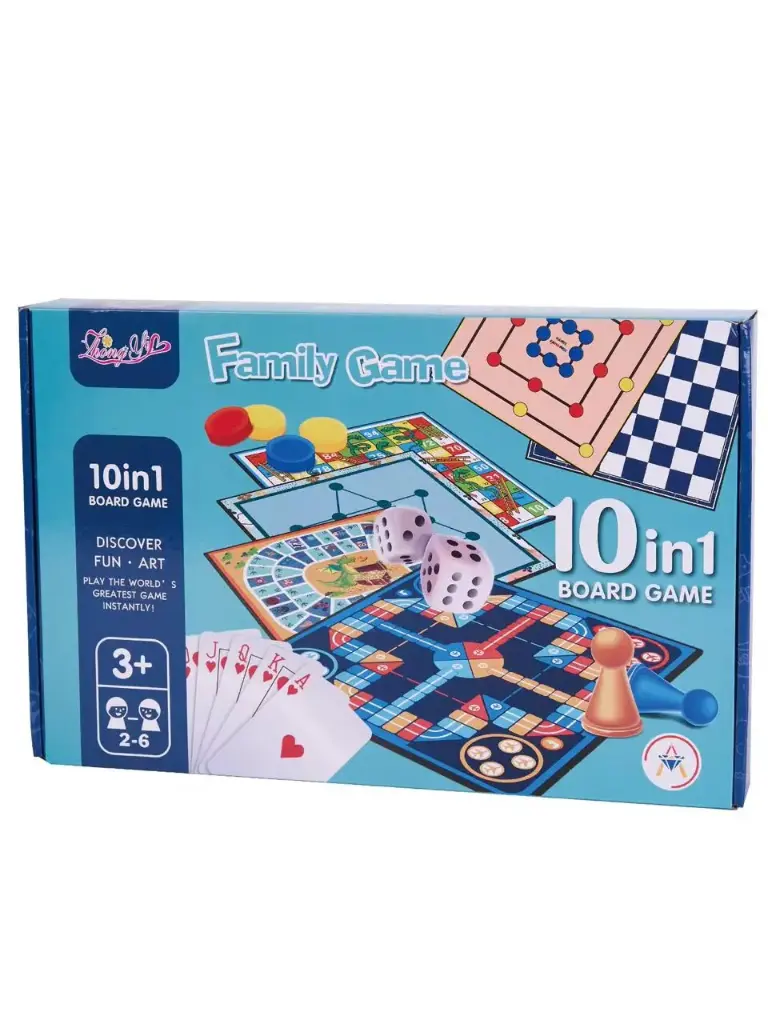 10 in 1 Classic Board Games Set for Kids & Family – Snakes & Ladders, Ludo, Chess, Checkers, Cards Deck & More – Educational Strategy Game Kit for Brain Development