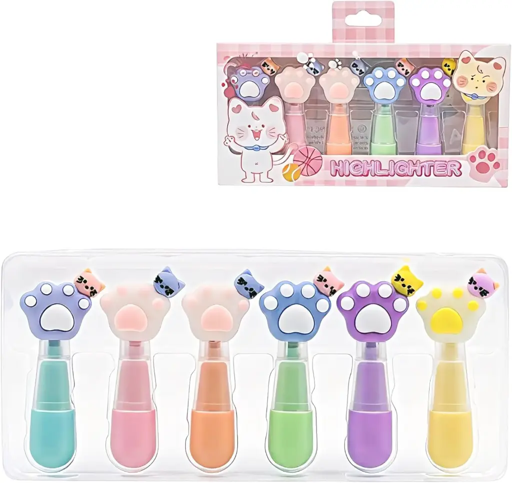 Cute Cat Paw Highlighter Set, Pastel Colors, 6 Pack, 7cm Mini Kawaii Markers for Kids, School Supplies and Bullet Journaling
