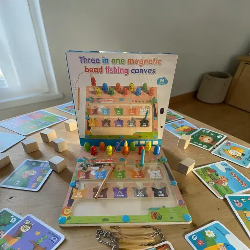 [PO-P062] 3 in 1 Magnetic Bead Fishing Canvas Game for Kids – Wooden Montessori Learning Toy with Magnetic Stylus, Counting & Colour Recognition, Fine Motor Skills, Focus & Problem Solving